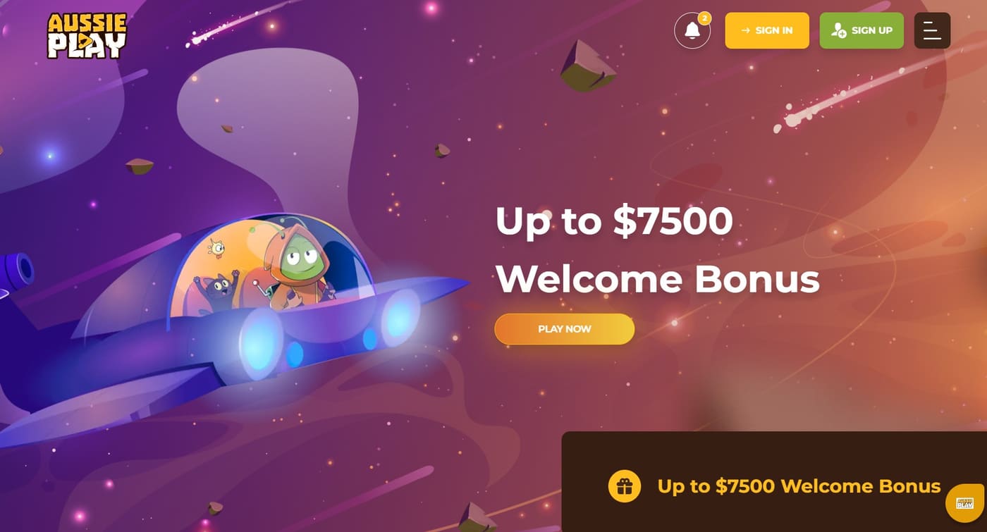 Aussie Play Casino homepage with welcome bonus banner and pokies promotions